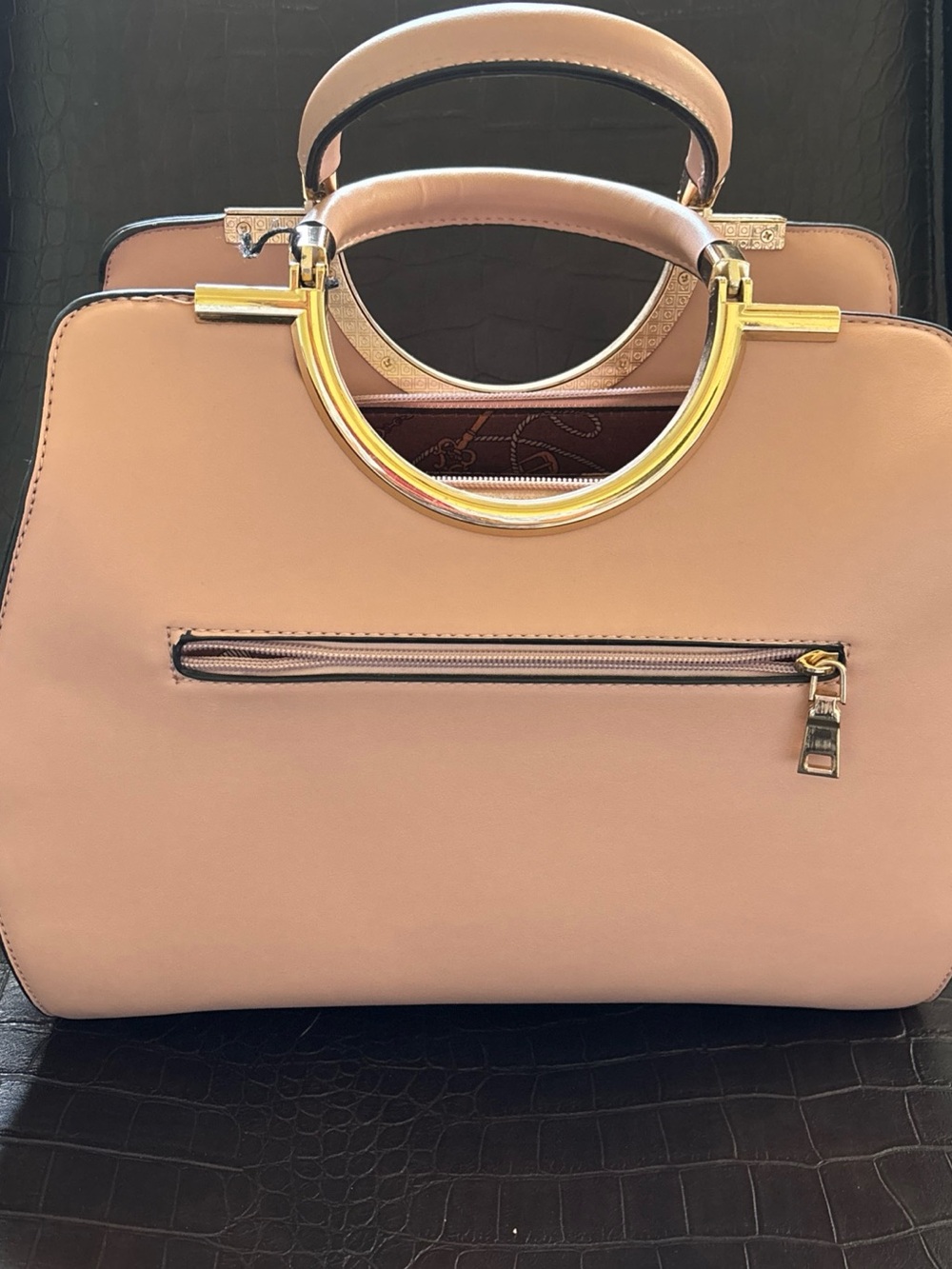 Rose Pink Top Handle Purse & Satchel | Gold Ring Handles, Strap & Feet